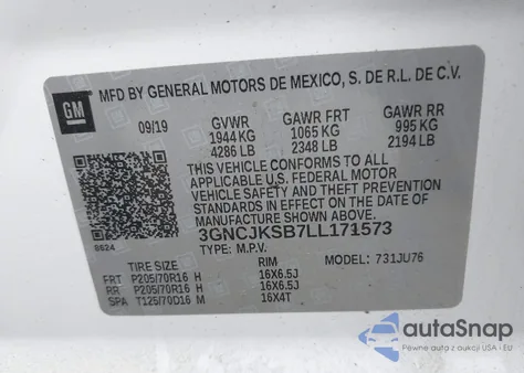 2020 Chevrolet Trax Fwd Ls z USA, uszkodzony, nr VIN 3GNCJKSB7LL171573